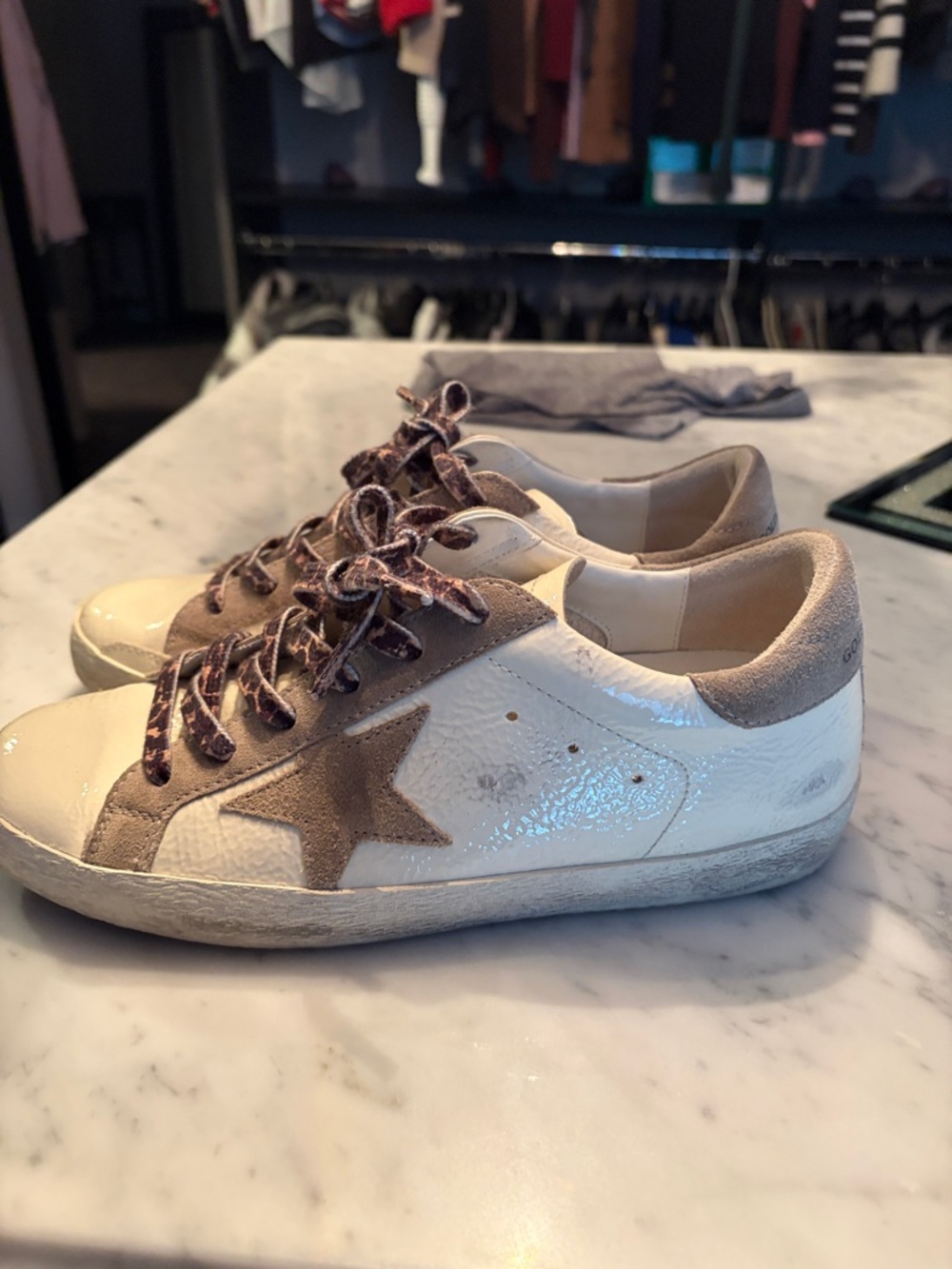 Golden Goose White Sneakers with Taupe Suede and Leopard Laces